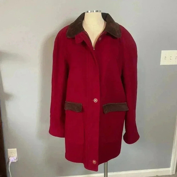 Vintage Machintosh New England Red Wool Barn Chore Coat with Suede Collar - Picture 1 of 15